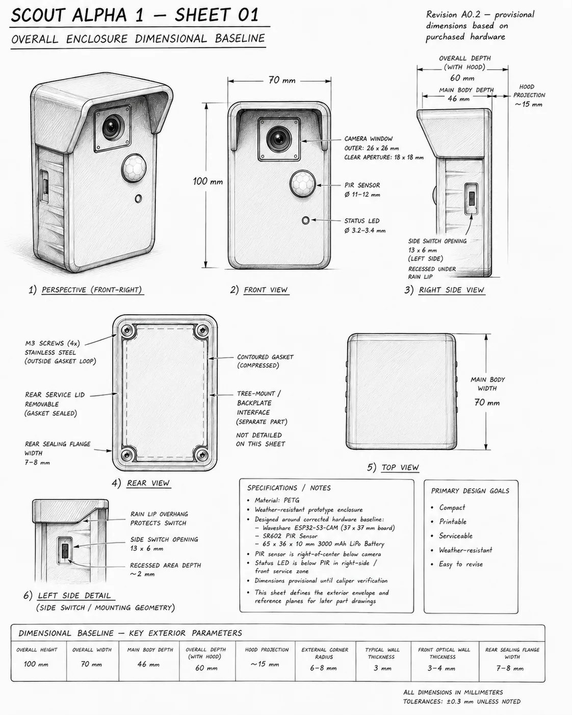 Reviewed Scout Alpha 1 enclosure reference sheet showing the exterior dimensional baseline, overall enclosure proportions, optical openings, rear service lid, and tree-mount relationship.