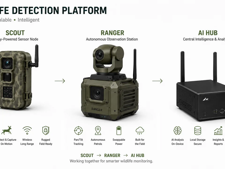 Concept comparison of the Scout sensor node, Ranger autonomous observation station, and AI Hub analytics system.