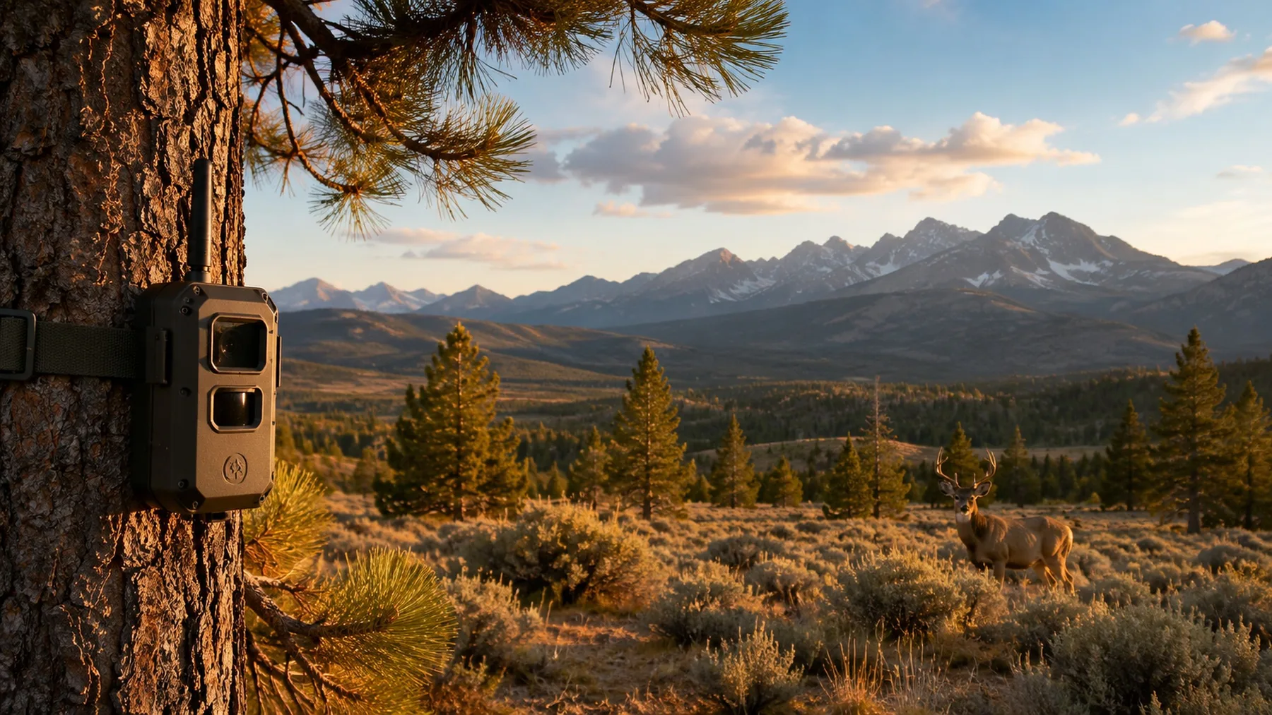 Scout wildlife-monitoring node mounted to a pine tree overlooking a high-desert meadow with a deer and distant mountains.