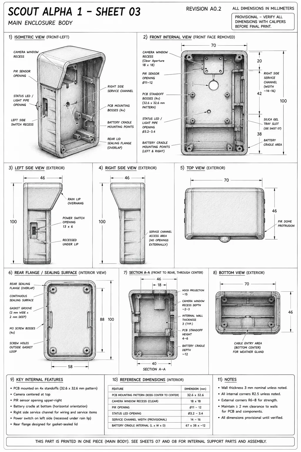 Reviewed Scout Alpha 1 enclosure-body sheet showing the main shell proportions, wall thicknesses, front optical face, rear sealing flange, and internal usable volume.