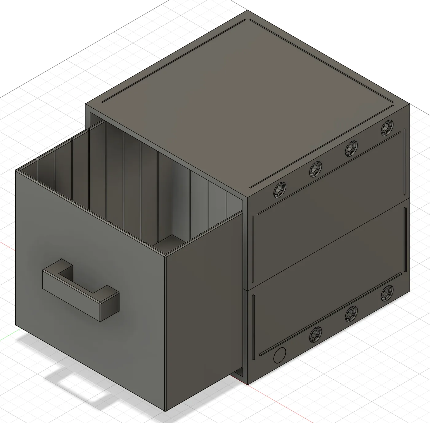 Version one stackable workshop drawer CAD model shown with the drawer open