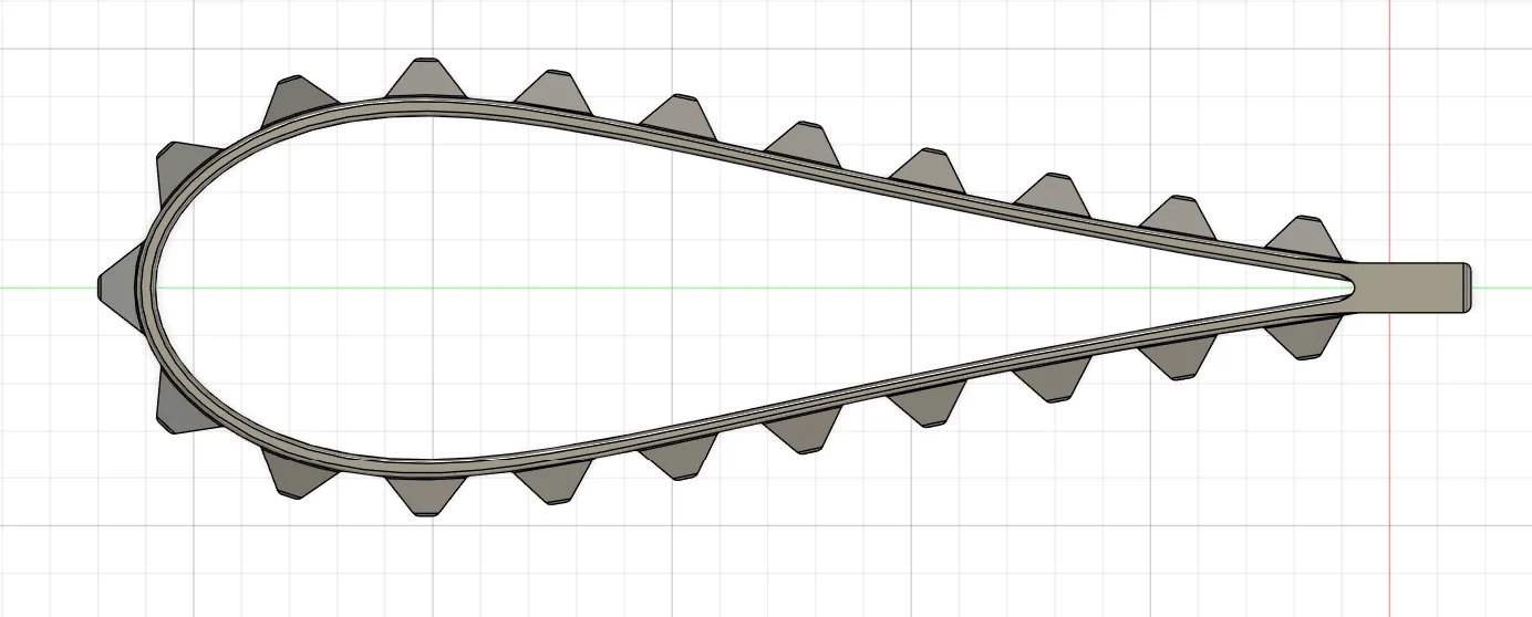 Top view of a flexible wrist key strap CAD model with repeated exterior geometry