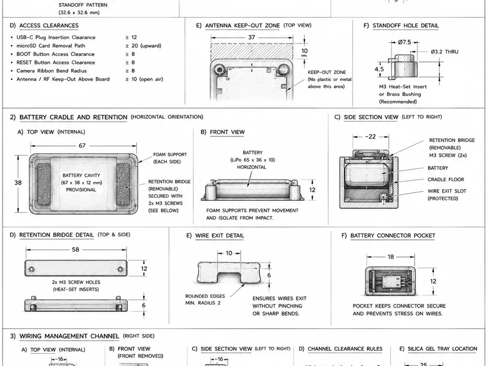 Reviewed Scout Alpha 1 support sheet showing PCB standoffs, battery retention, foam support, connector clearance, and internal wiring organization.