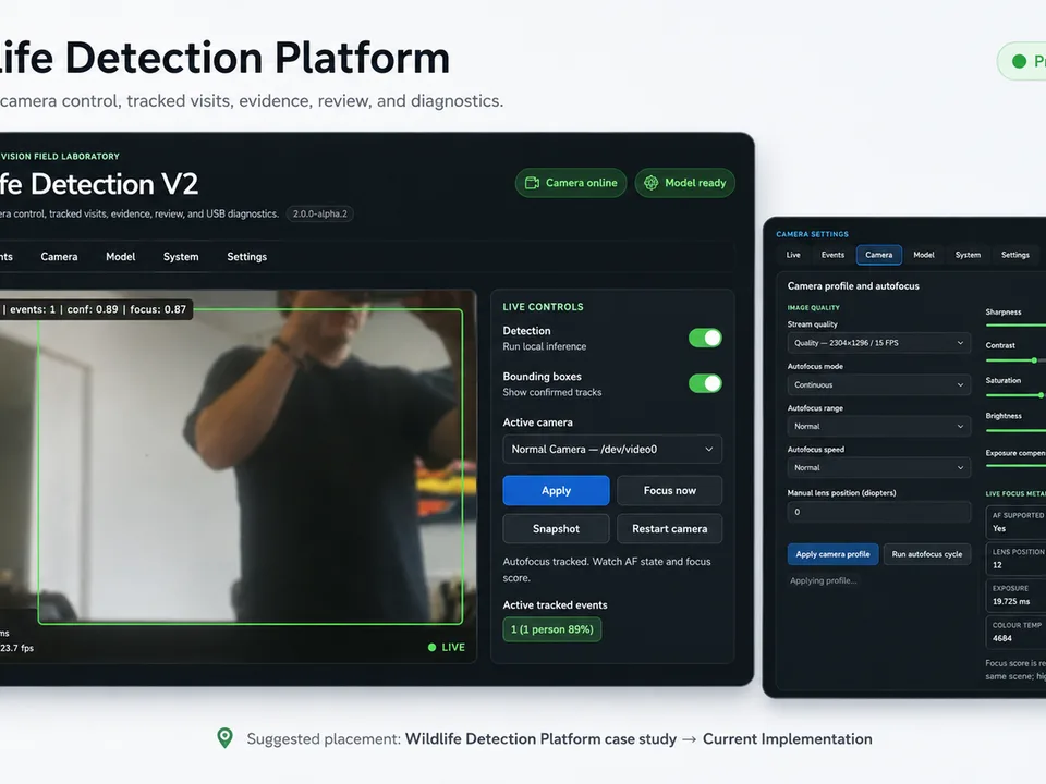 Wildlife Detection V2 prototype interface showing a live detection view, camera controls, and autofocus settings.