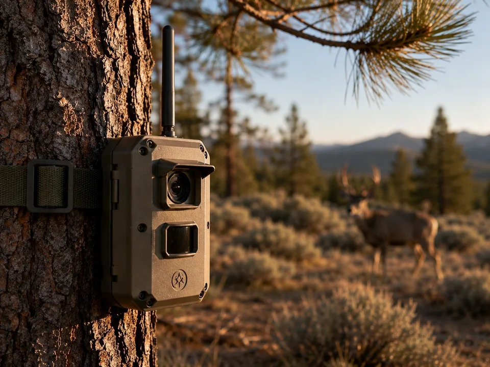 Close view of a Scout wildlife-monitoring node strapped to a pine tree with a deer in the softly blurred background.